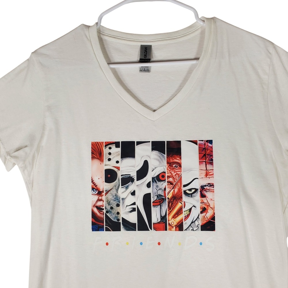 Gildan Horror Movie Friends V-Neck Graphic T-Shirt White Womens Large